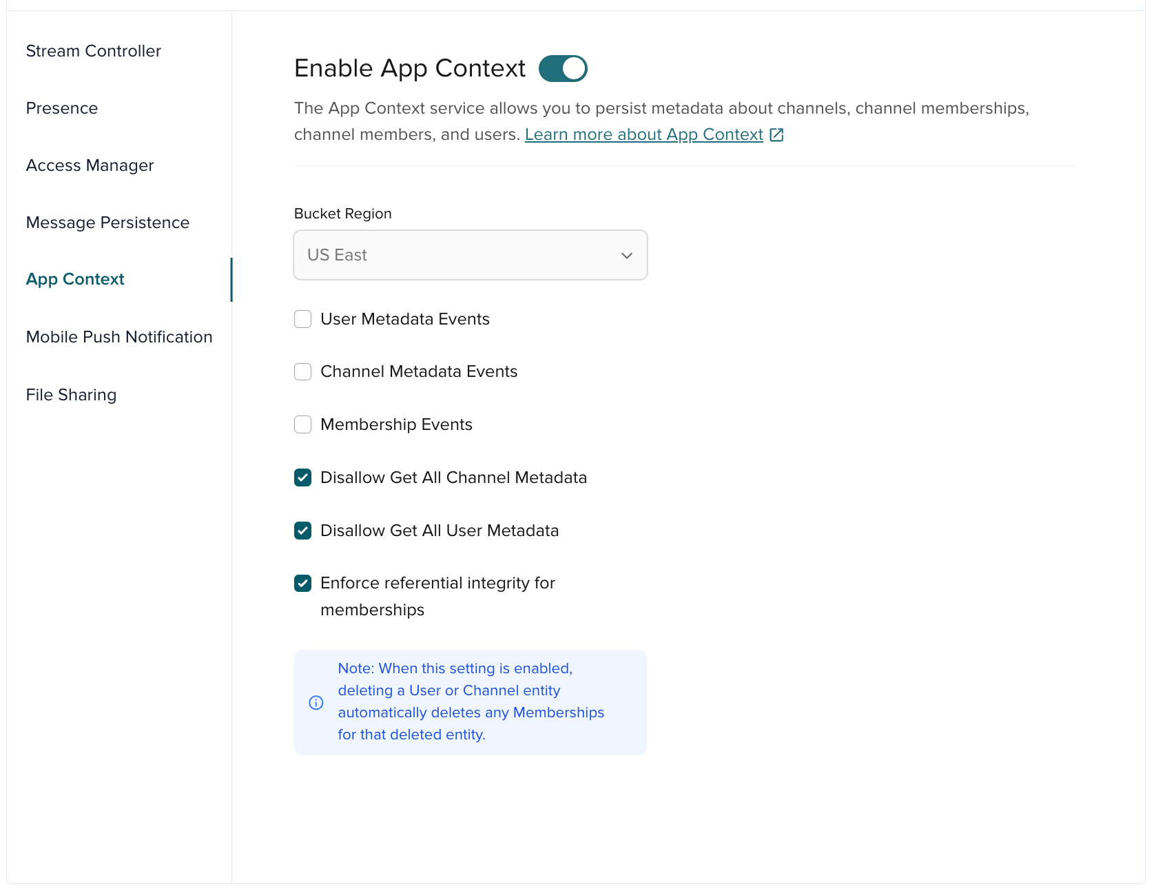 Admin Portal showing App Context settings (Bucket Region and event toggles)