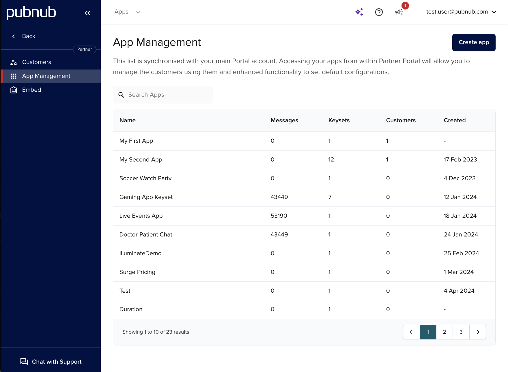 App Management page with create app controls