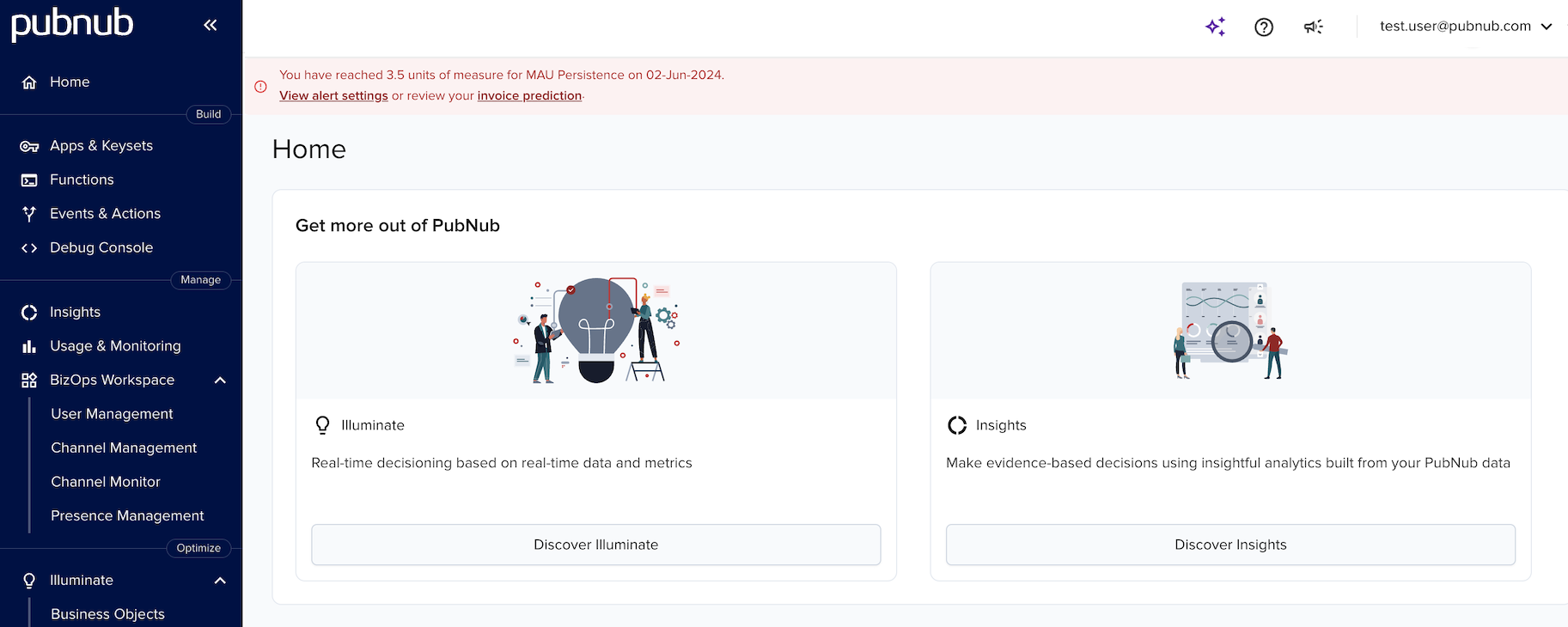 Homepage banner showing a billing alert notification