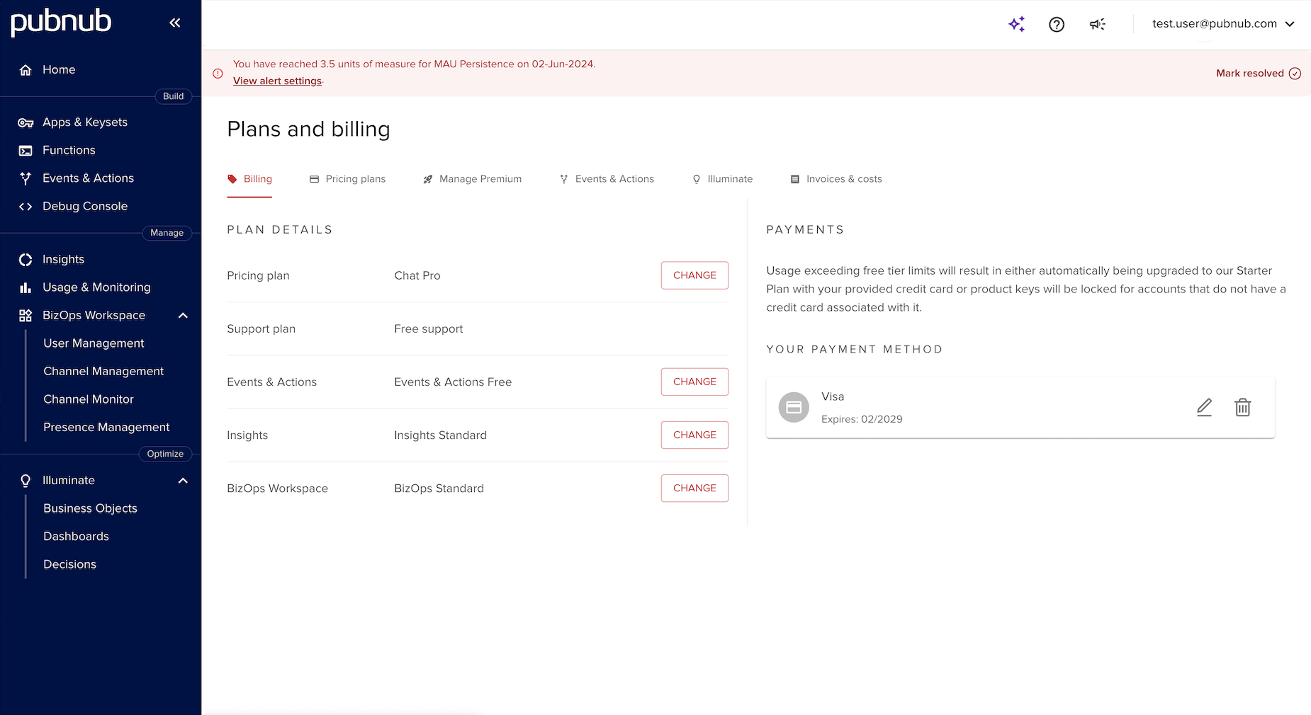 Plans and billing page with a billing alert notification banner