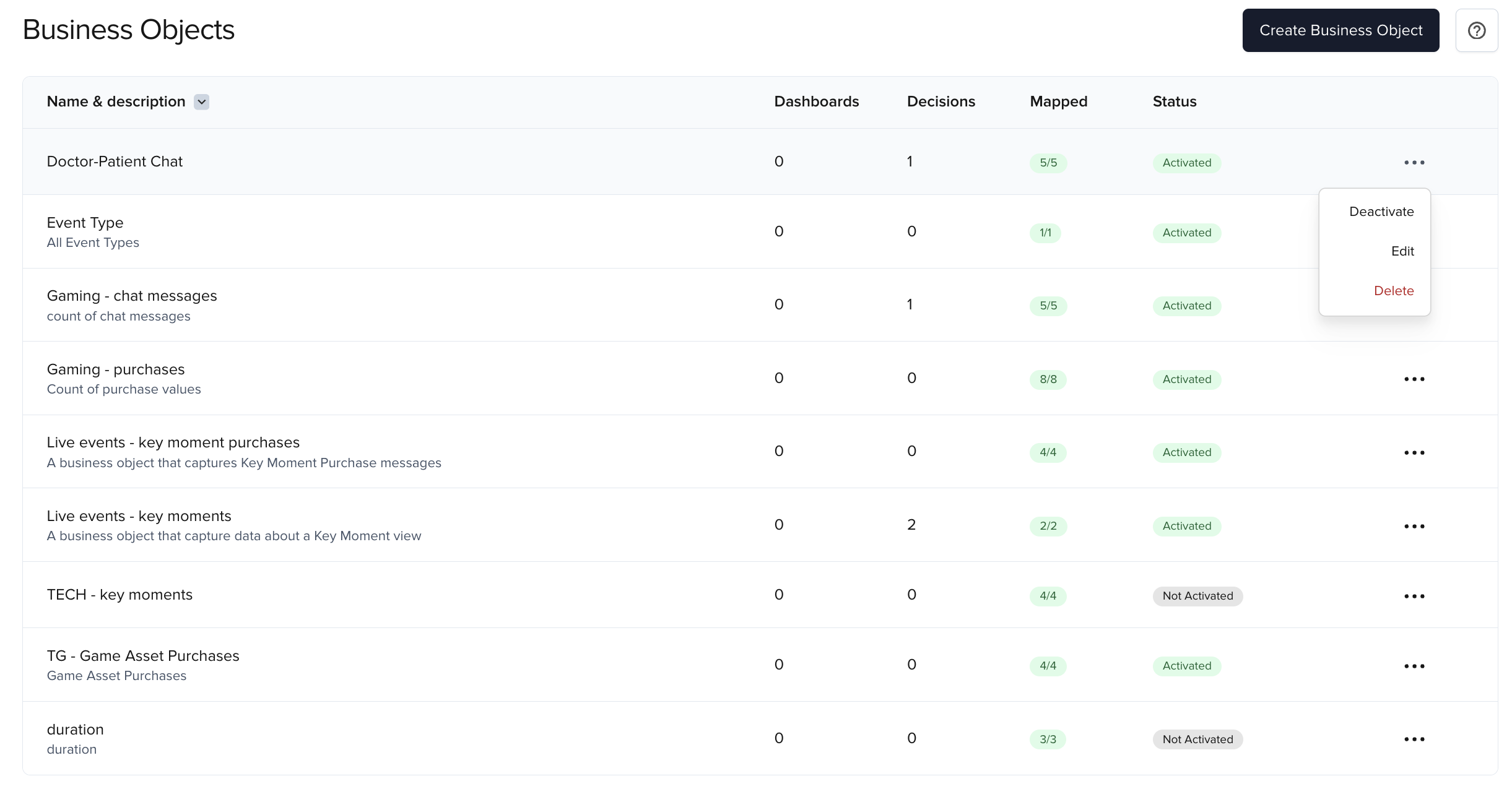 Business Objects home page list with counts and actions menu