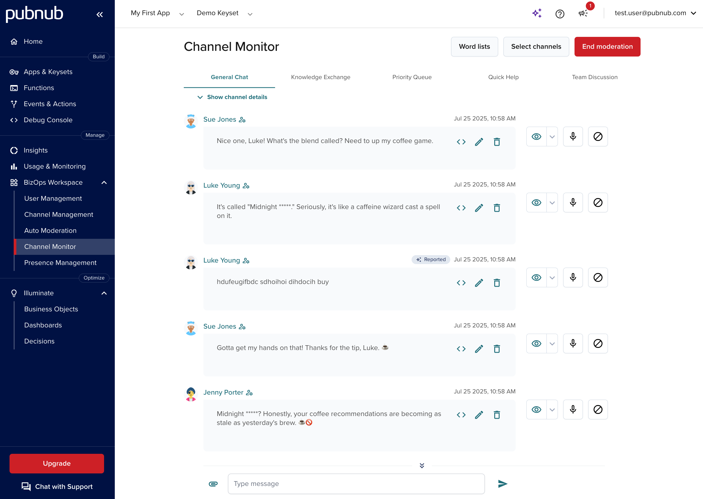 Channel Monitor module UI showing live conversation preview and moderation actions