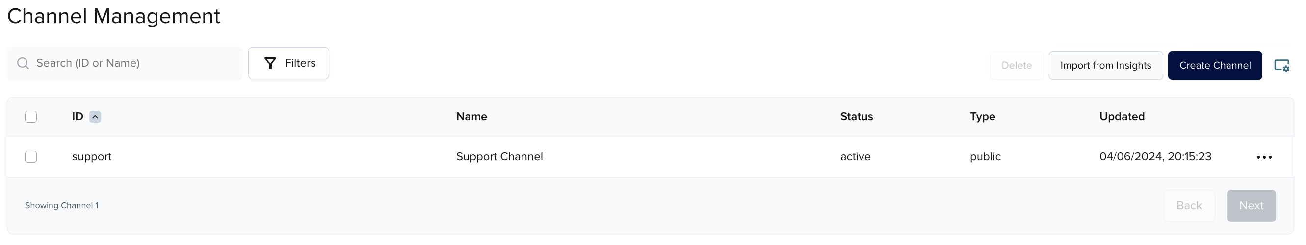 Channel list showing the newly created channel record