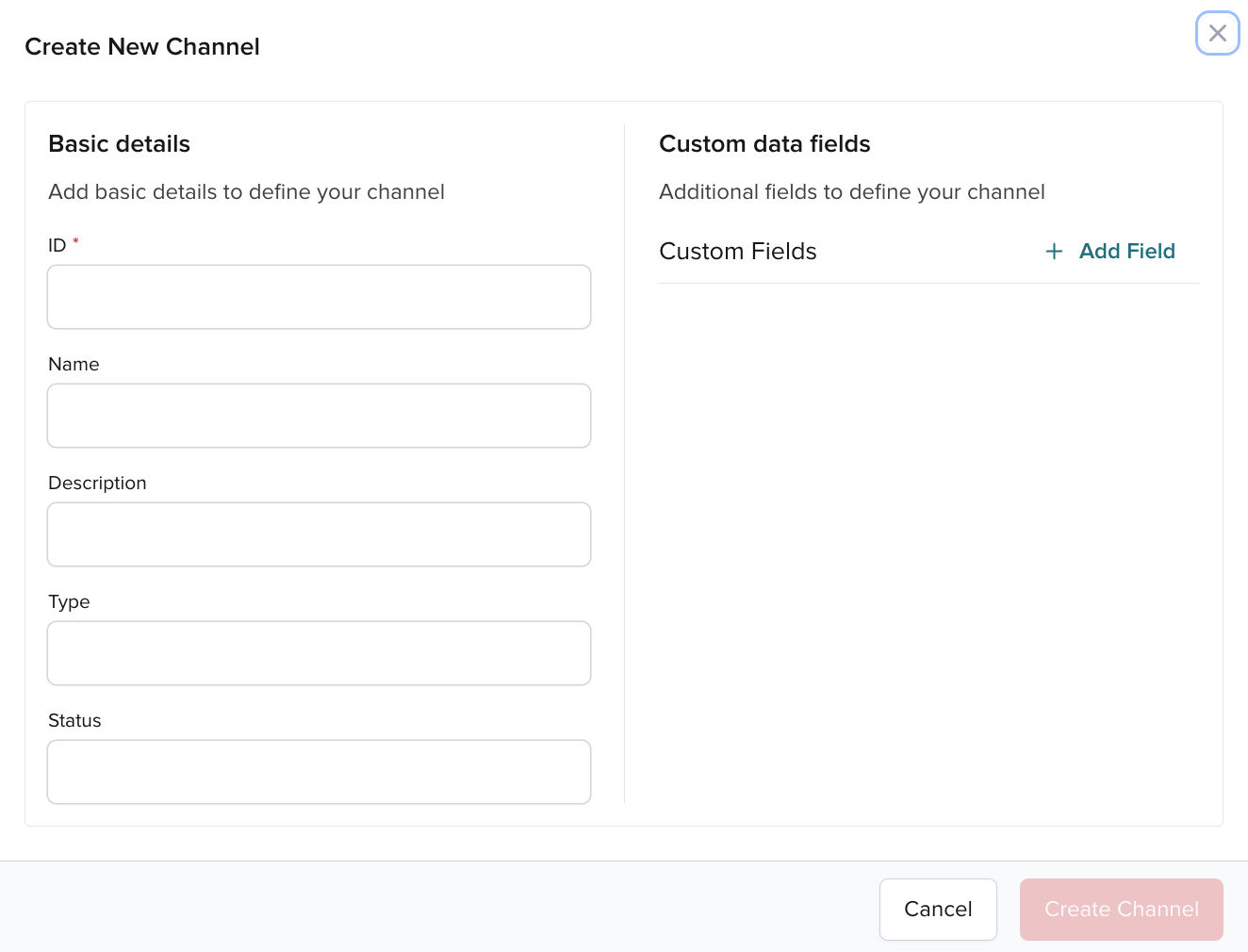 Create Channel modal with required and optional fields