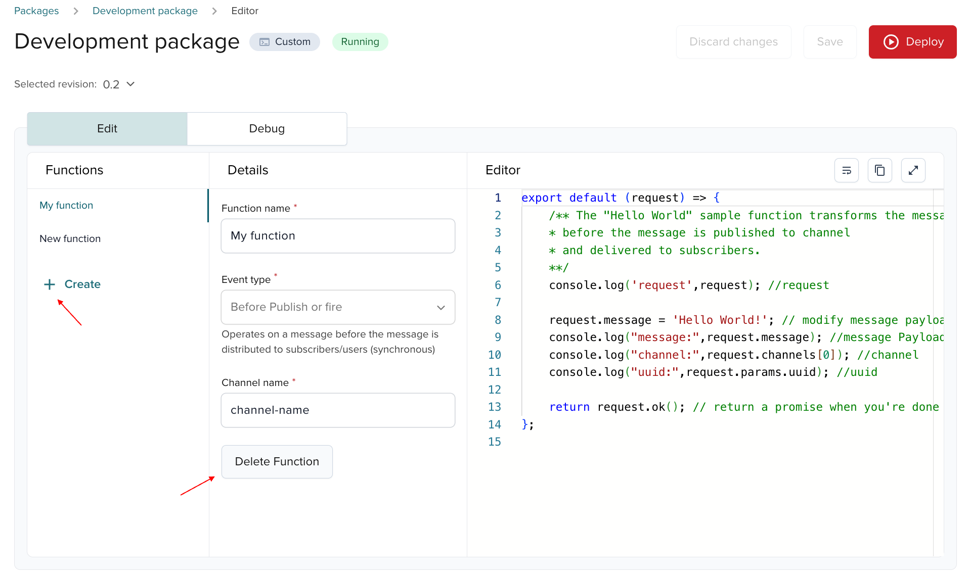 Create & delete function buttons