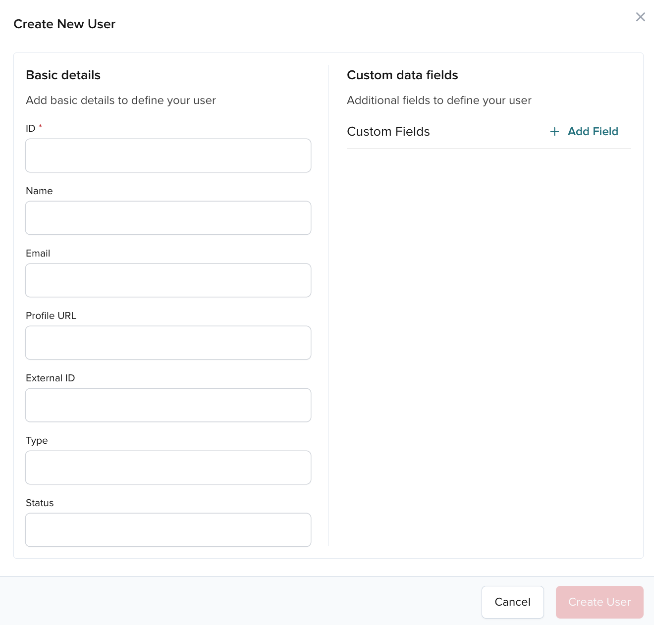 Create User modal with required and optional fields