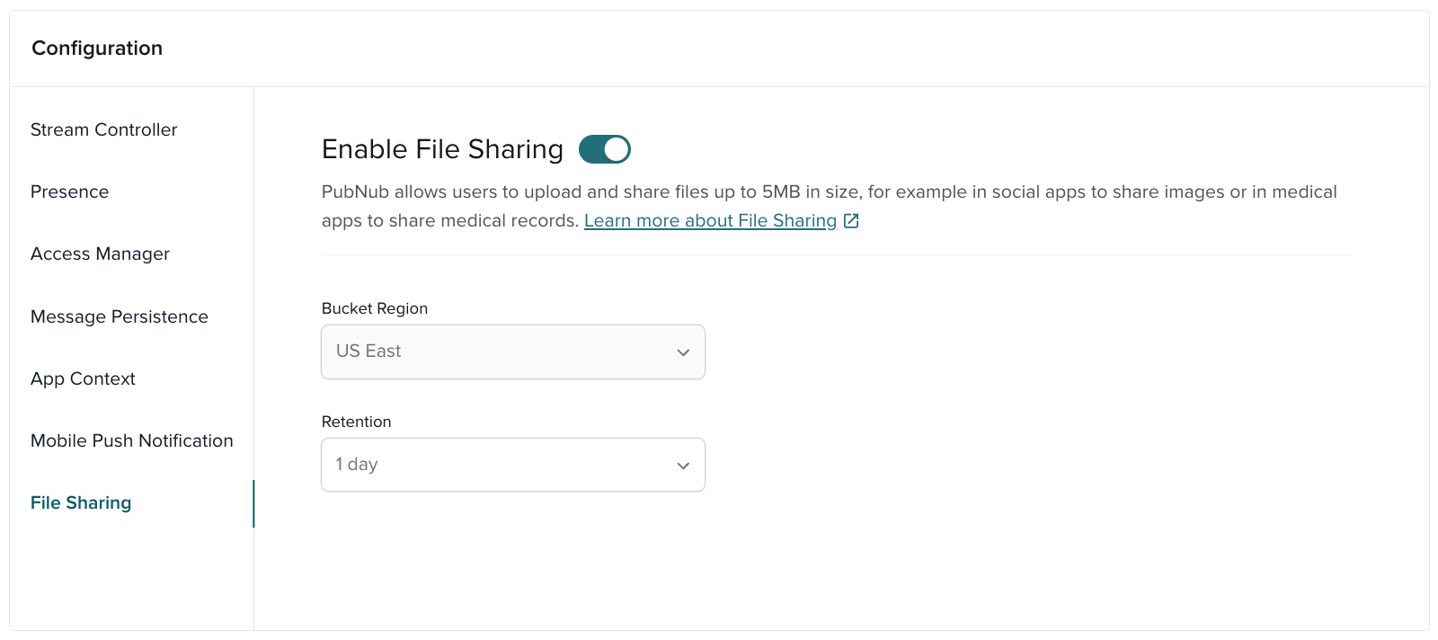 File Sharing settings in Admin Portal showing bucket region and retention controls