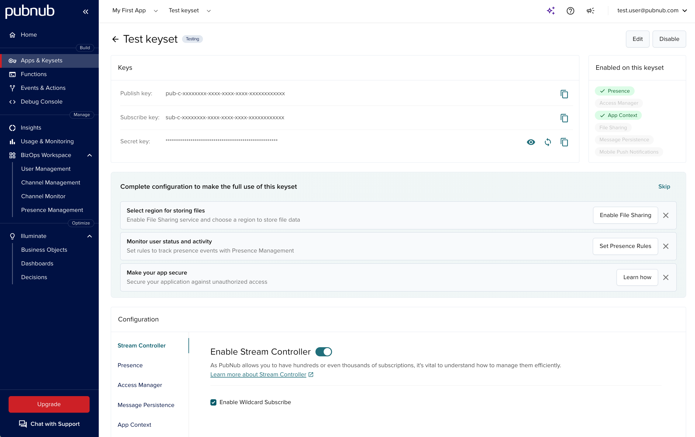 Keyset details showing keys and feature configuration