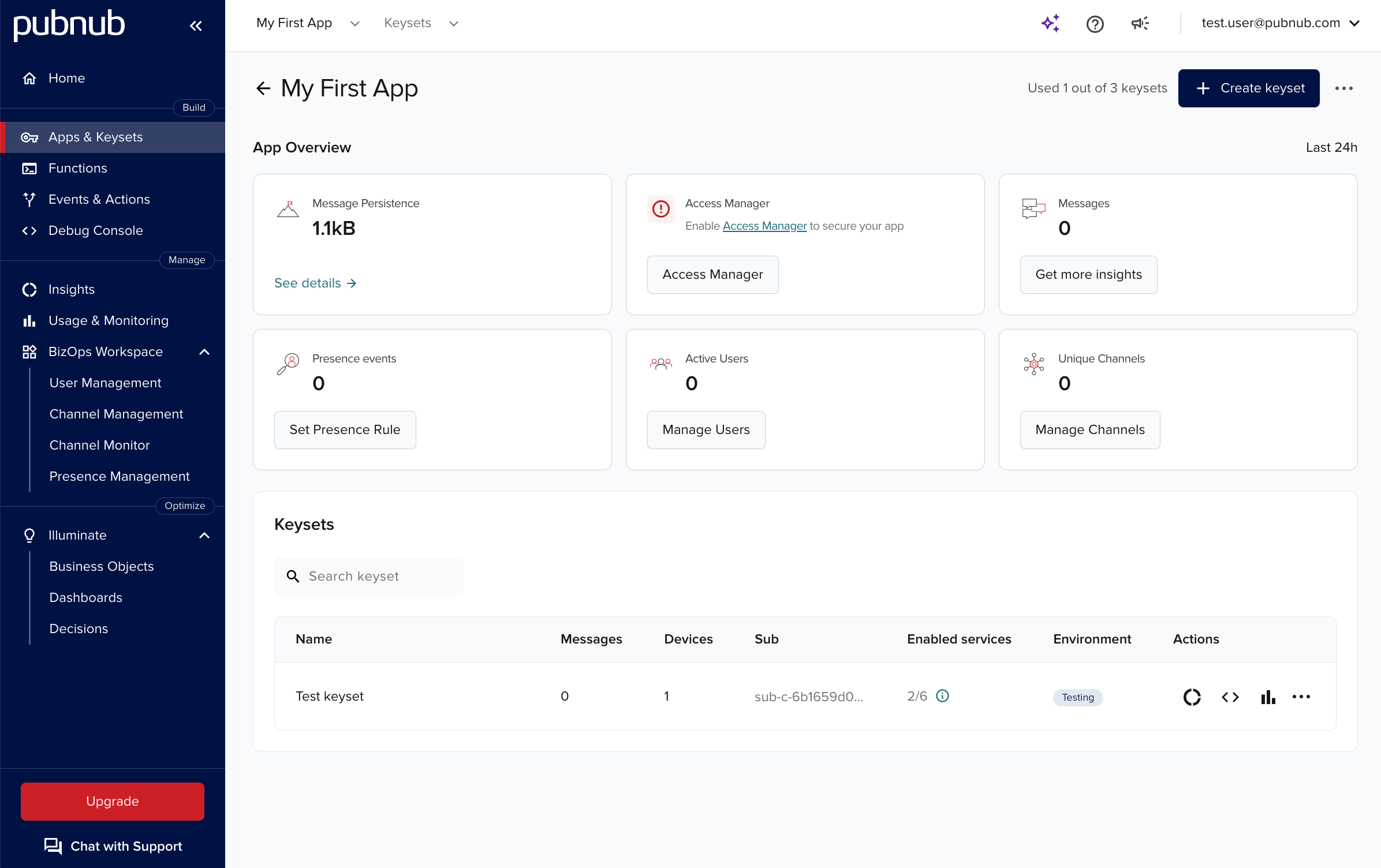 Keysets page with selected app and list of keysets