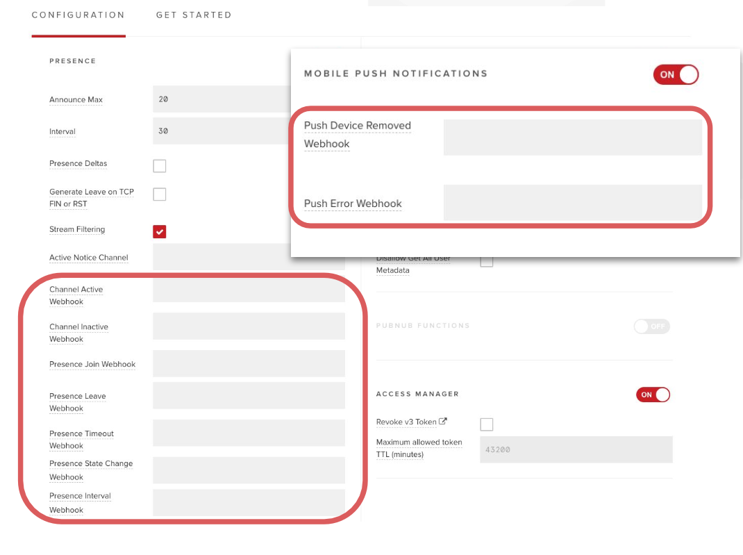 Admin Portal legacy webhooks listing for Presence and Push