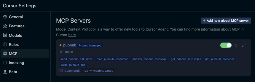 Screenshot of Cursor Settings showing MCP page with the pubnub tool enabled