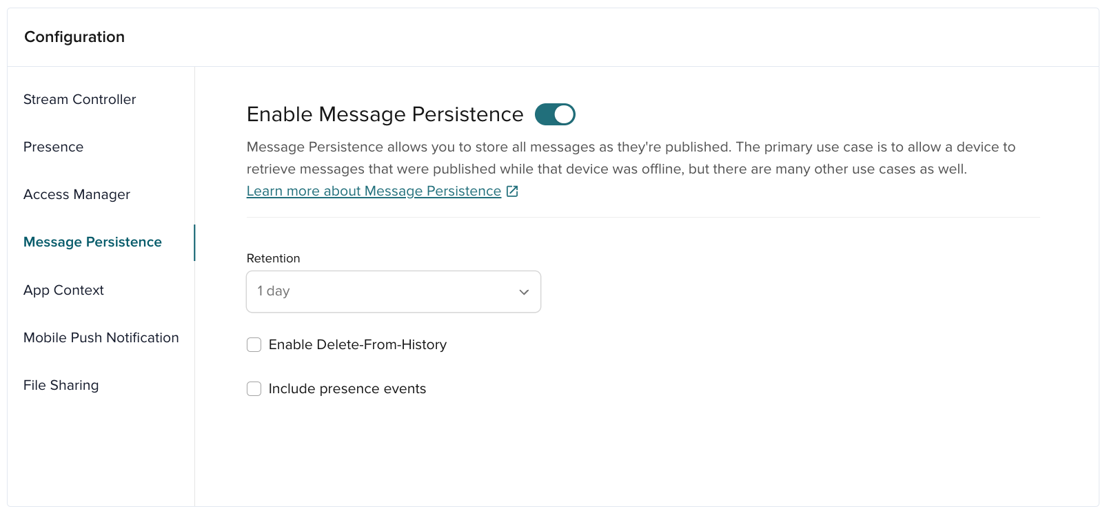 Message Persistence settings in Admin Portal: retention options and toggles