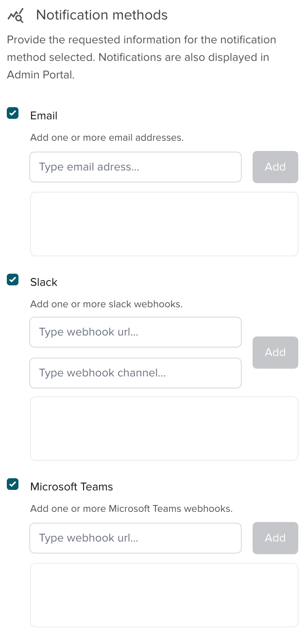 Notification methods panel with options for Email, Slack, and Microsoft Teams