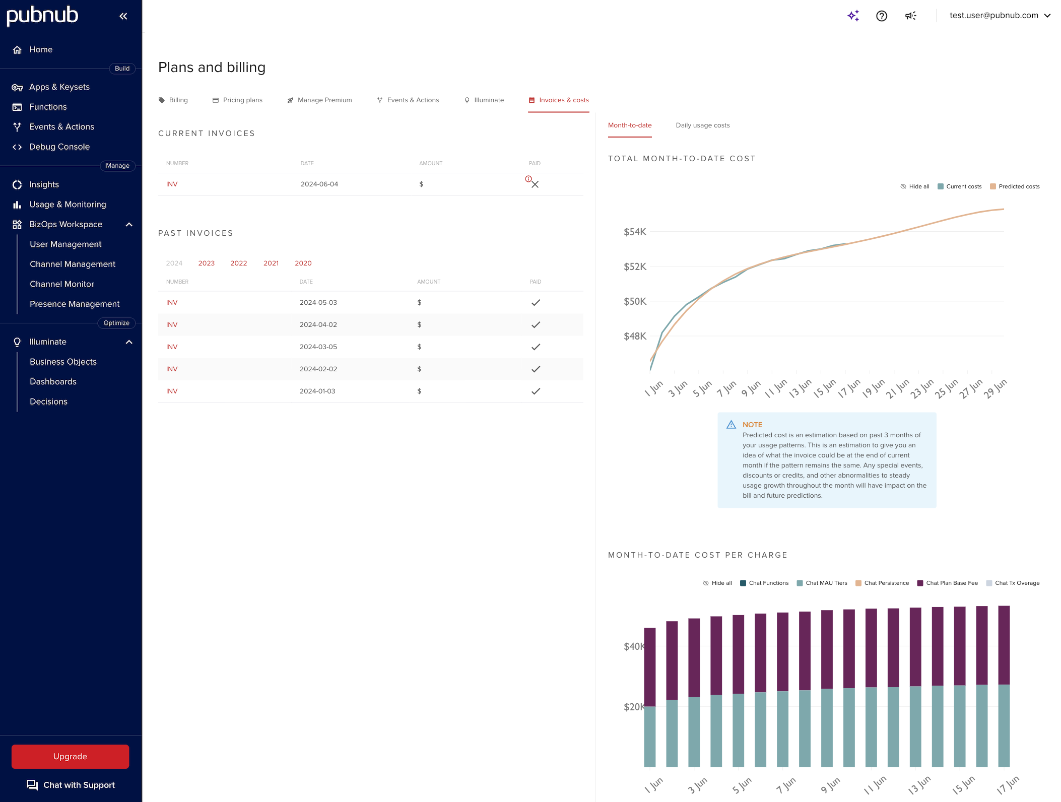 Plans and billing page with tabs for invoices, costs, and pricing plans
