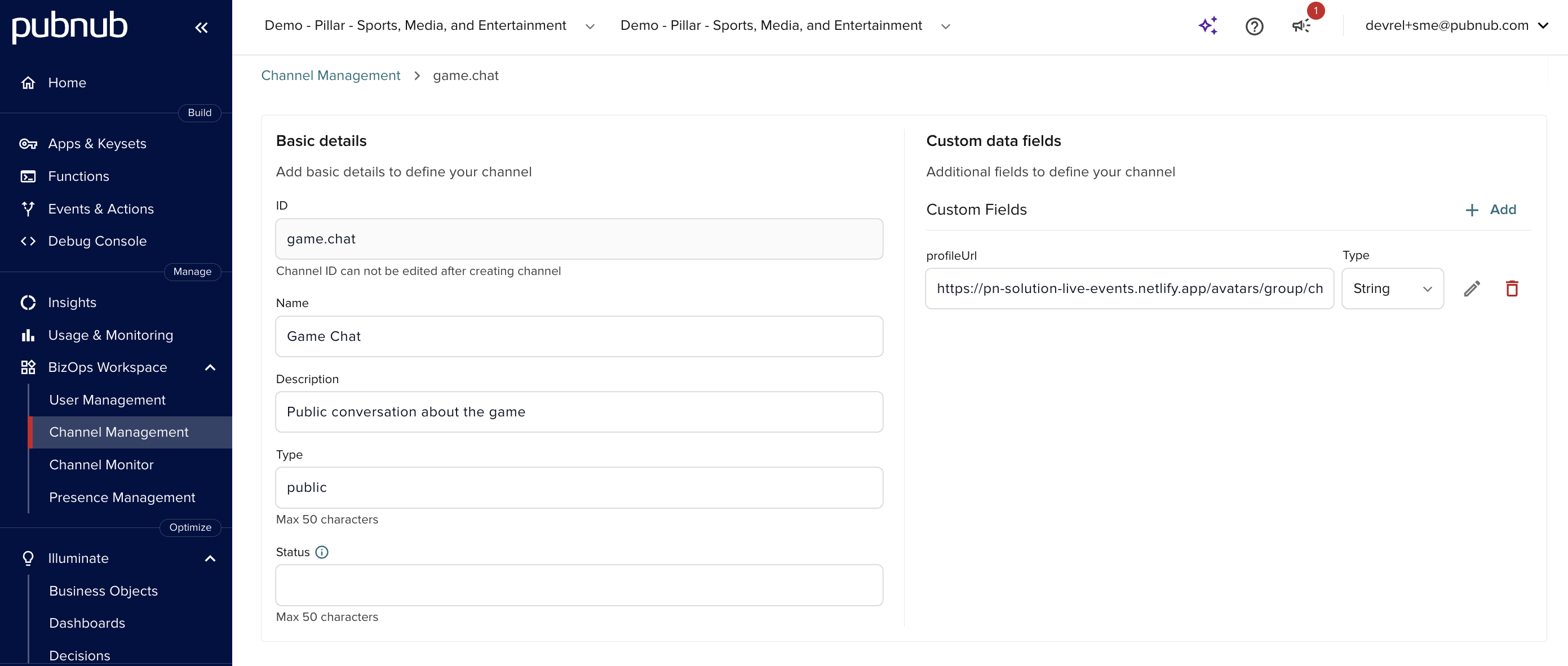 Game Chat channel details - Admin Portal