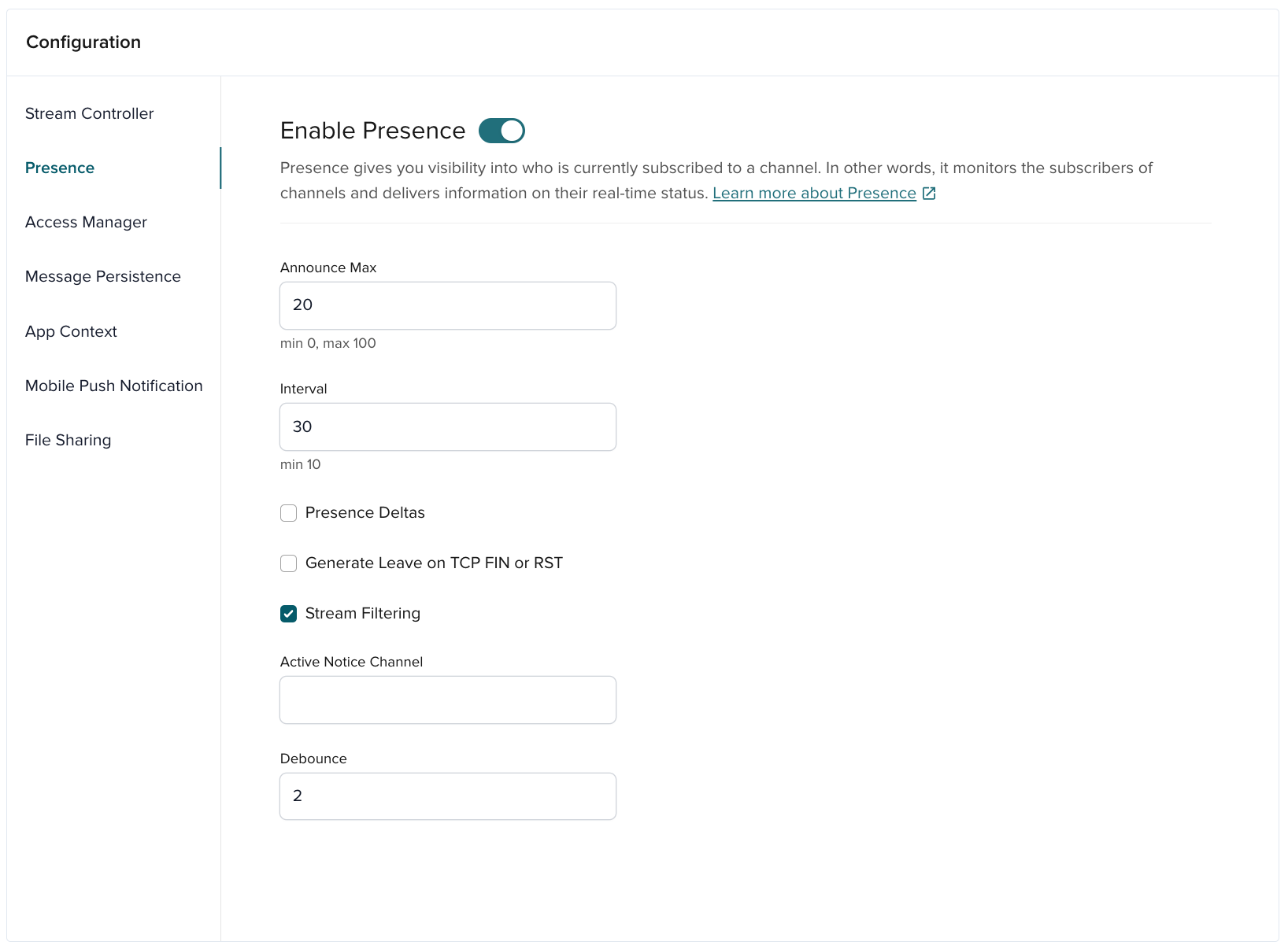 Presence configuration options in Admin Portal: Announce Max, Interval, Deltas, TCP detection, Filtering, Active Notice Channel, Debounce