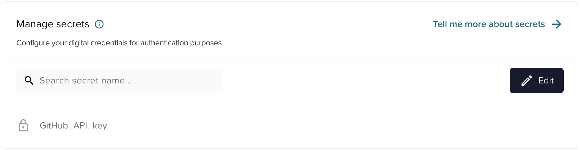 Manage secrets section with table and Create secret button