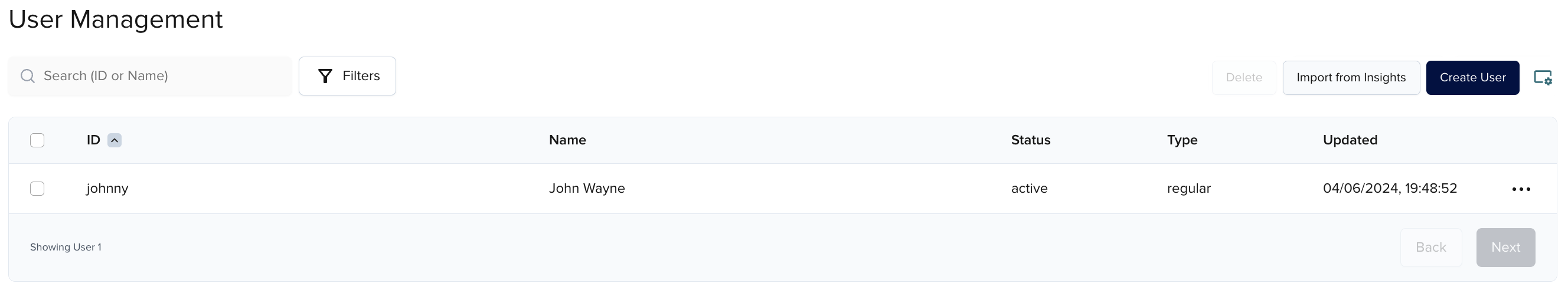 Users list showing the newly created user record